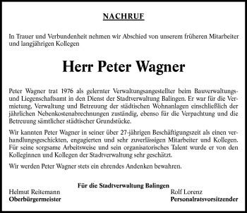 Traueranzeigen von Peter Wagner Schwarzwälder Bote Trauer