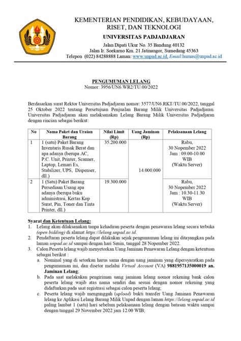 Pengumuman Lelang Barang Milik Universitas Padjadjaran Universitas