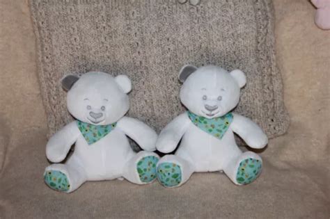 Doudou Peluche Musti Mustela Ours Blanc Bandana Bleu Feuille Vert Lot