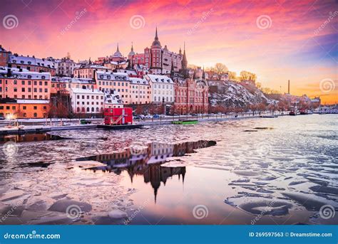 Stockholm Sweden Sunset With Mariaberget Downtown And Frozen Lake