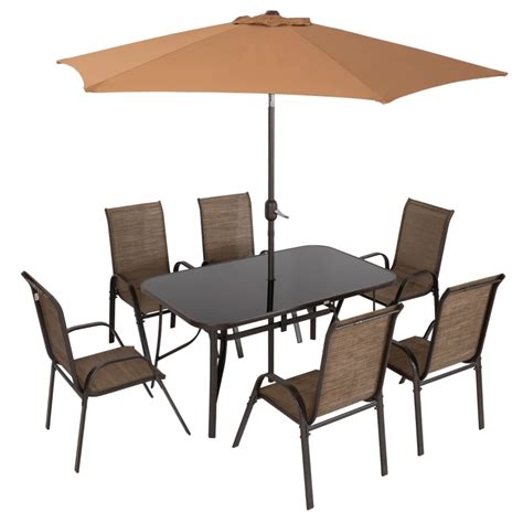 Outsunny 8 Pieces Patio Furniture Set with 9Ft Patio Umbrella, Outdoor Dining Table and Chairs ...