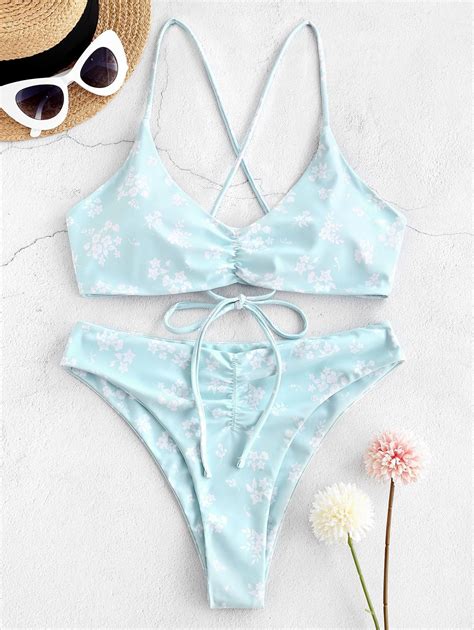 ZAFUL Ditsy Print Ruched Lace Up High Leg Bikini Swimsuit LIGHT BLUE