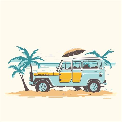 Premium Vector Vintage Illustration Hand Drawn Jeep In Beach Vintage