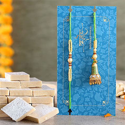 Ethnic Green Pearl And Lumba Rakhi Set With Kaju Katli Canada Gift