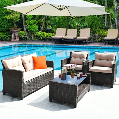 Gymax 4pcs Outdoor Rattan Furniture Set Cushioned Sofa Warmrest Home