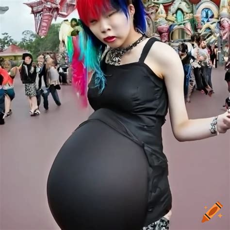 Pregnant Chinese Punk Girl In Black Jacket At A Theme Park On Craiyon