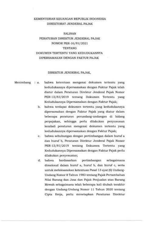 PERATURAN DIREKTUR JENDERAL PAJAK NOMOR PER 16 PJ 2021 Pajak