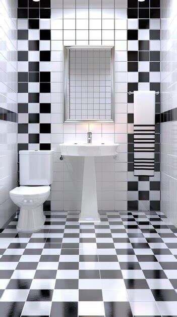 A Modern Bathroom With White Tile Walls And A Checkerboard Black And