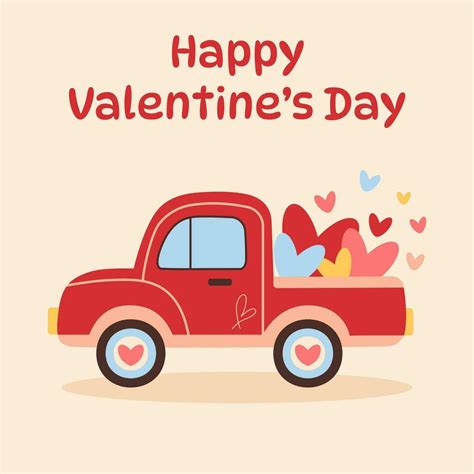 Red Truck Delivers Hearts Happy Valentines Day Card Love Retro Car