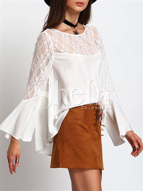 Beige Bell Sleeve Contrast Lace Blouse SheIn Sheinside