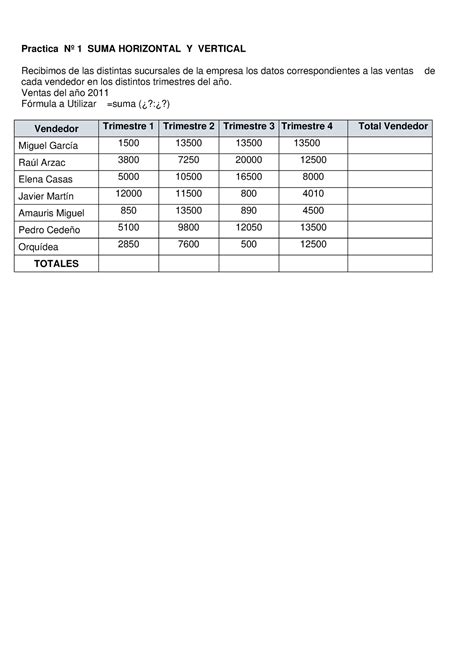 Ppractica N Excel Practica N Suma Horizontal Y Vertical