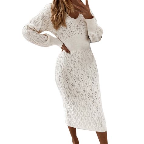 Entyinea Women Warm Sweater Dress Plus Size Cable Sweater Dress White