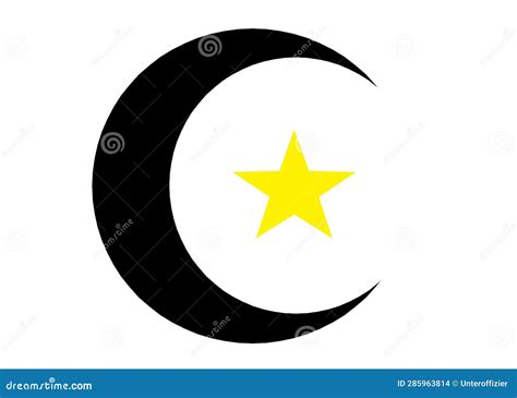 A Bright Yellow Five Point Star Within A Black Crescent Moon White