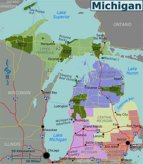 Large regions map of Michigan state | Michigan state | USA | Maps of the USA | Maps collection ...