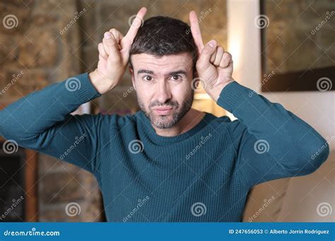 Man Pretending To Have Horns Stock Image Image Of Cheater Conflict