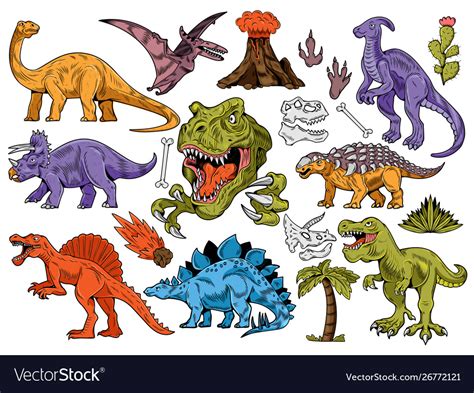 Set Collection Bundle Engraving Dinosaurs Vector Image