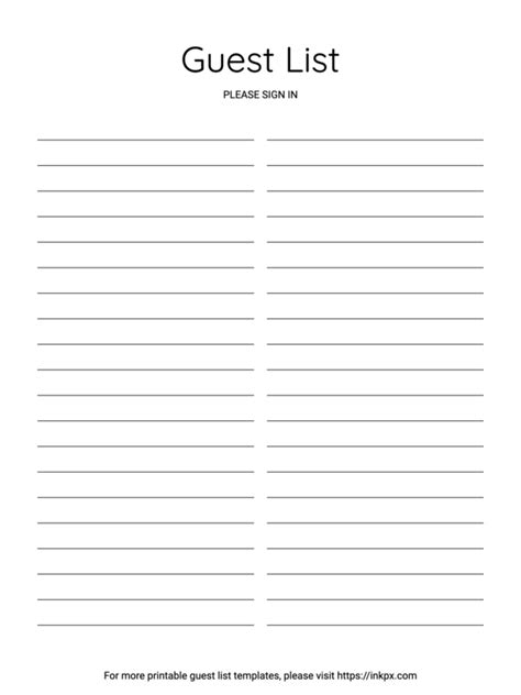 Free Printable Guest List Templates in PDF, PNG and JPG formats · InkPx