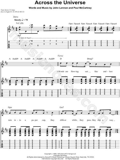 The Beatles Across The Universe Guitar Tab In D Major Download