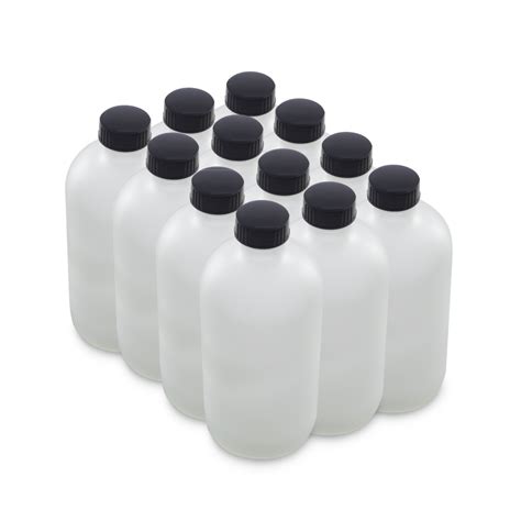 16 Oz Clear Frosted Glass Boston Round Bottles With Black Lids 12 Pac