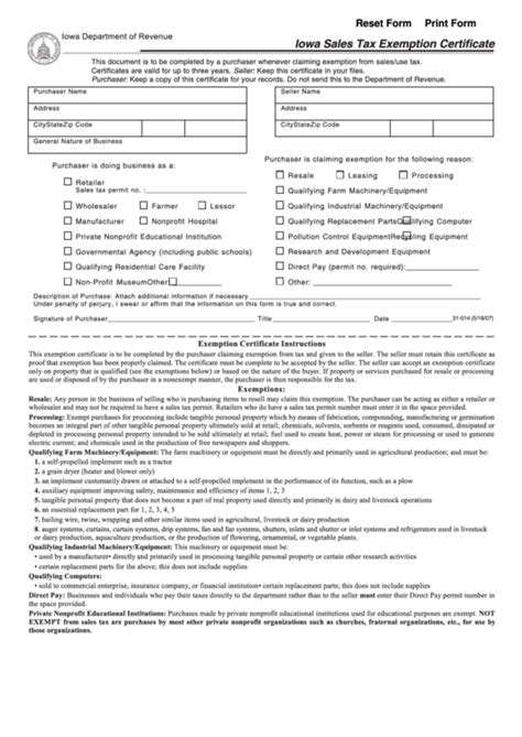 Fillable Form Iowa Sales Tax Exemption Certificate