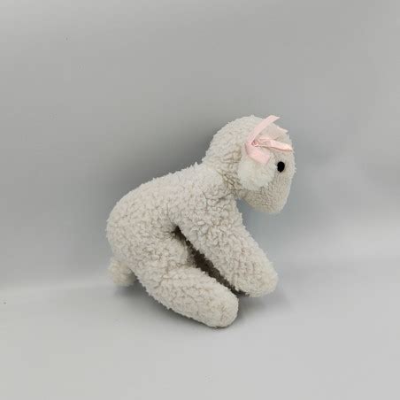 Ancienne Peluche Mouton Blanc Noeud Rose Boulgom