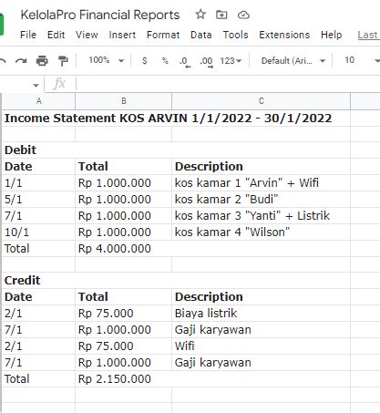 Excel Contoh Pembukuan Kos Kosan KelolaPro