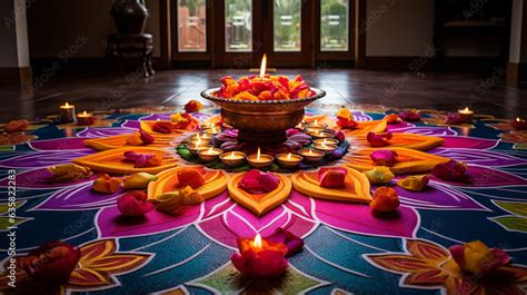 A Vibrant Rangoli Design Surrounding The Puja Altar Enhancing The