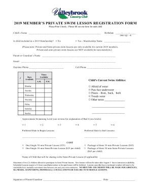 Fillable Online Private And Semi Private Swim Lesson Registration Form