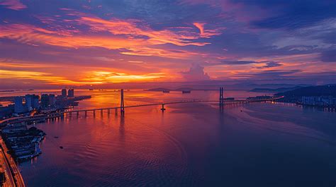 Aerial View Morning Sunrise Of Penang Bridge Background Aerial View