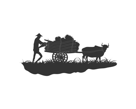 Farmer working loaded cart with hay. Bullock Cart silhouette. Bull and cart 11809060 Vector Art ...