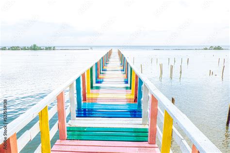 Rainbow bridge in Thailand.View of The colorful wood bridge ...