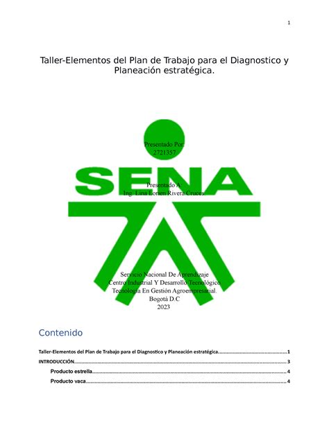 Taller Elementos DEL PLAN DE Trabajo PARA EL Diagnostico Y Planeación