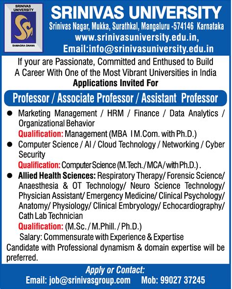 Assistant Professor Job Vacancy At Srinivas University