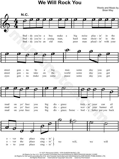 Queen We Will Rock You Sheet Music For Beginners In C Major