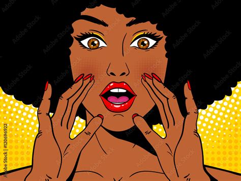 Wow Pop Art Face Sexy Surprised African Woman Holding Her Hands Open