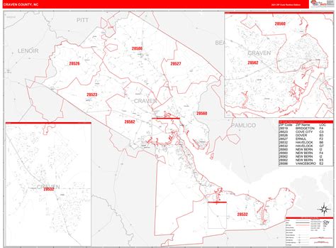 Craven County, NC Zip Code Wall Map Red Line Style by MarketMAPS ...