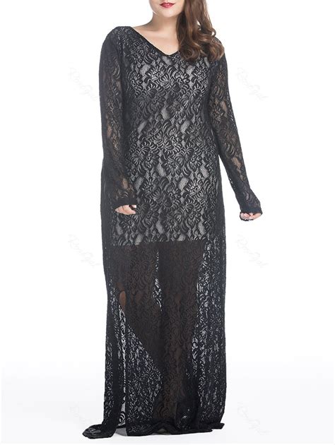 31 Off Plus Size Maxi Lace Long Sleeve Sheer Dress Rosegal