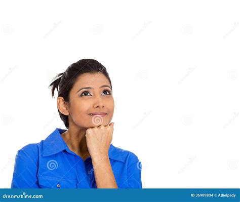 Woman Thinking Hand On Cheek Looking Up Having An Idea Stock Photo