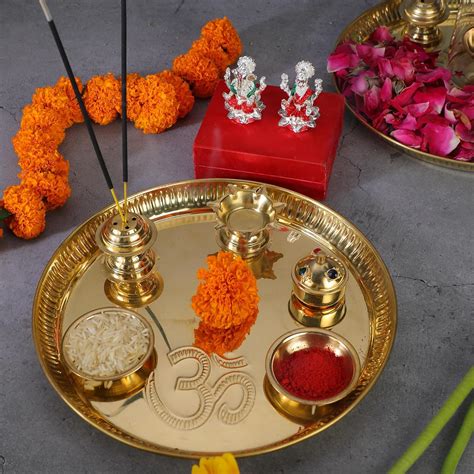 GHAR SAAZ 10 Inch Brass Pooja Thali Set Puja Thali With Silver Red