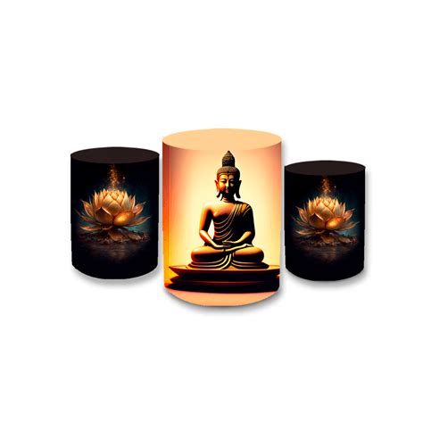 Trio Capas De Cilindros Sublimados Decorativo Tema Buda Dourado