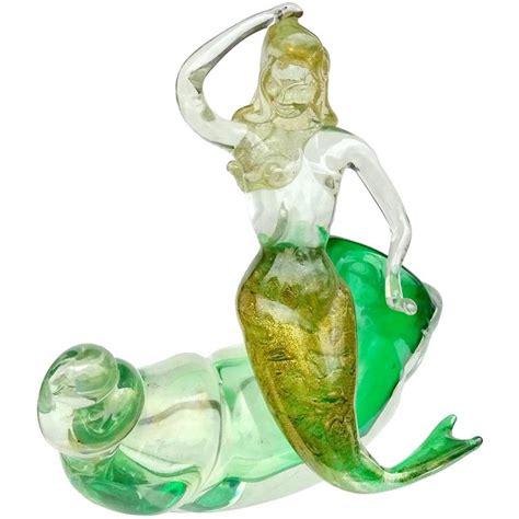 Murano Iridescent Green Gold Flecks Italian Art Glass Mermaid Sculpture At 1stdibs