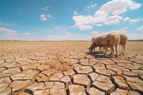 Owce Na Suchej Pękniętej Ziemi W Poszukiwaniu Zielonej Trawy I