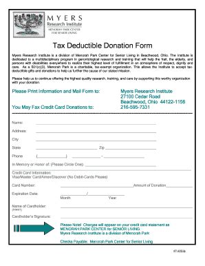 Fillable Online Tax Deductible Donation Form Myers Research Fax Email