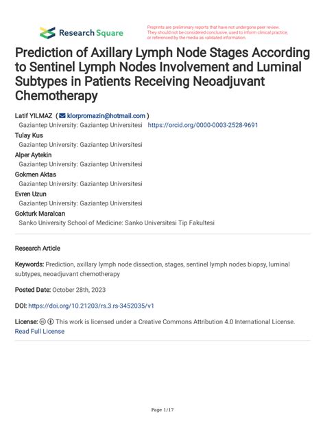 Pdf Prediction Of Axillary Lymph Node Stages According To Sentinel