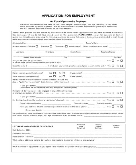 Printable Generic Application For Employment