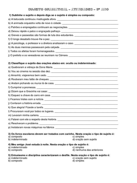 Sujeito Gramatical Exercicios Assunto Gramática Gramática