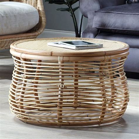 Rybnik Round Wicker Top Rattan Coffee Table In Natural Fif Coffee