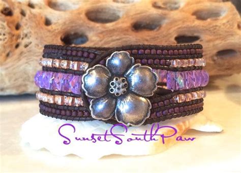 Beaded Leather Cuff Boho Bracelet 5 Row Beaded By SunsetSouthPaw Bead