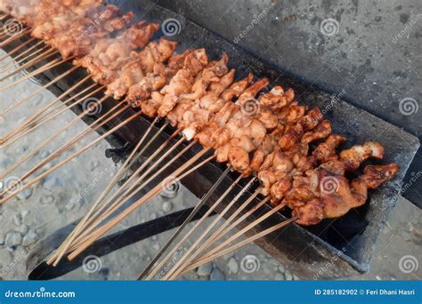 Top Angle View Of Chicken Satay On The Grill Marinated Chicken Satay