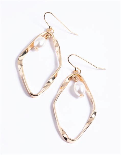 Gold Twist Diamond Pearl Drop Earrings Lovisa